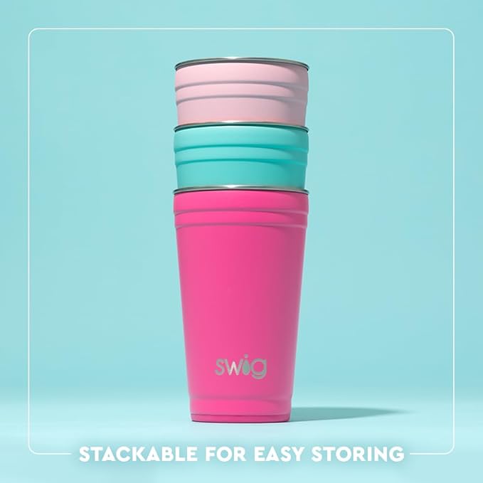 Swig Life 24oz Party Cup, Stackable Insulated Travel Coffee Tumbler with EZ Slider Lid, Cup Holder Friendly, Stainless Steel 24 oz Tumbler, Reusable Coffee Mug (Holly Jolly)