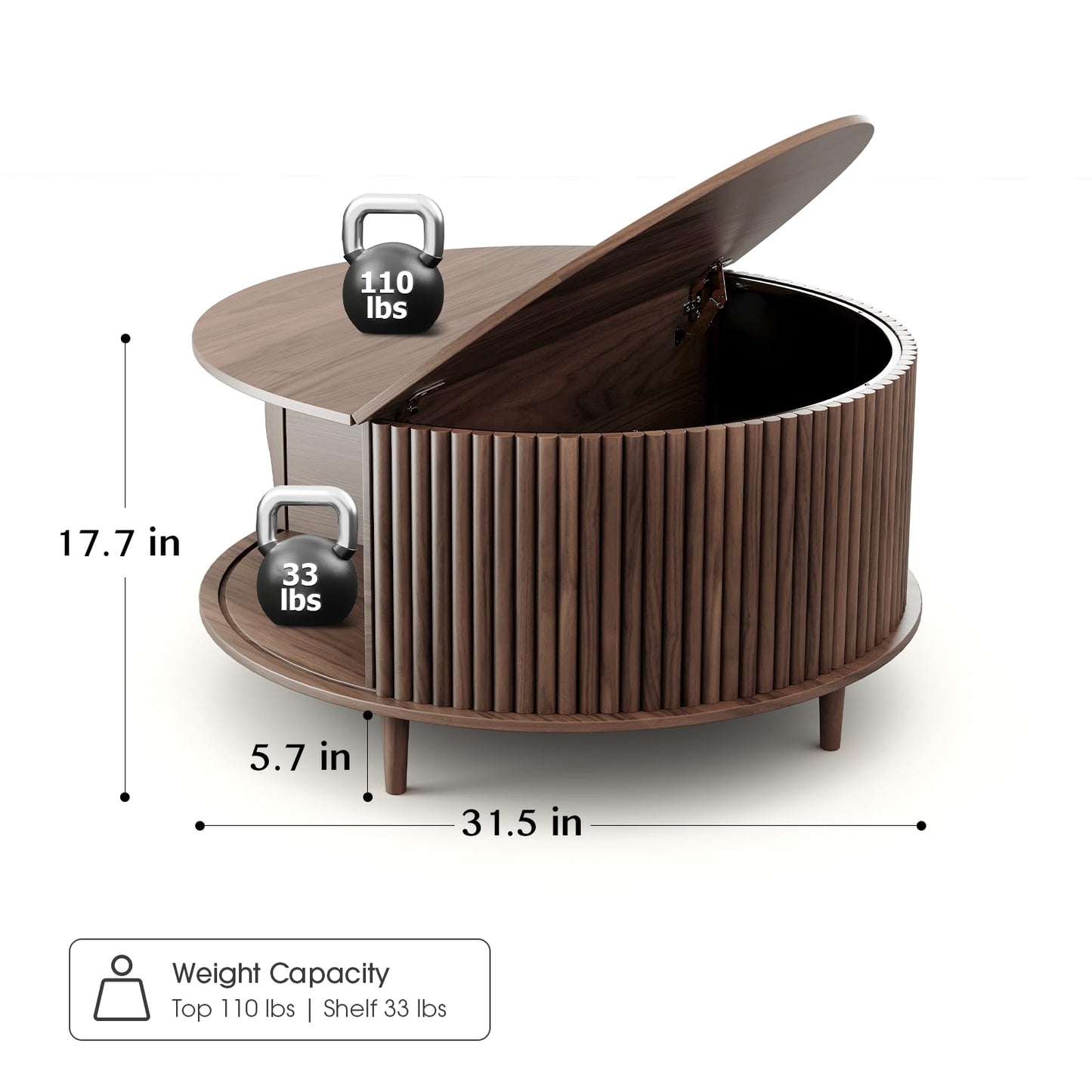 JOINICE, Round Coffee Table with Storage, Mid Century Modern Center Table with Sliding Cabinet Door, Fluted Dining Table for Living Room, Home Small Space, 31.5", Walnut