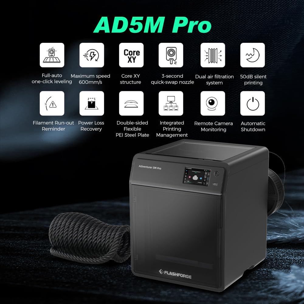 FLASHFORGE Adventurer 5M Pro 3D Pinter, 600mm/s High-Speed with 1 Click Fully Auto Printing Systerm, Quick Detachable 280°C Direct Extruder, Auxiliary Chamber Cooling, Remote Control, 220x220x220mm