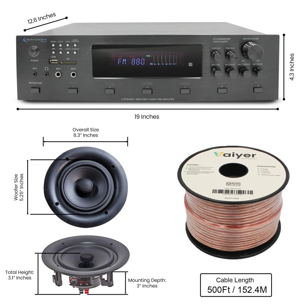 Vaiyer Home Theater System Kit, 6-Channel 6000 Watts Bluetooth Amplifier with 5.25" 12 Qty of 175 W Each in-Wall in-Ceiling Frameless Speakers & 16 Gauge 500 ft Speaker Wire Surround Sound System