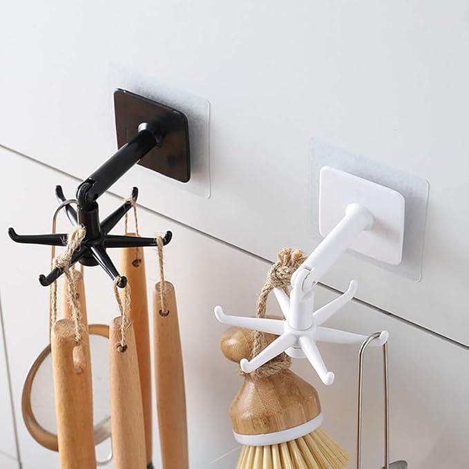 Kitchen Utensil Hanger with 6 Hooks, 2 Pack Under Cabinet Utensil Holder 360° Rotatable Kitchen Hooks Utensil Rack Space Saving No Drilling Nail Free Kitchen Utensil Organizer for Wall, Black