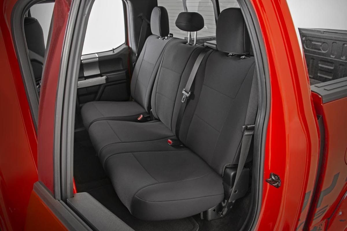 Rough Country Neoprene Seat Covers for Ford F-150/Lightning/F-250/F-350 (2015-2025) Crew Cab w/No Rear Armrest - Waterproof, UV Resistant, Foam Padded, F/R Seat Cover Set