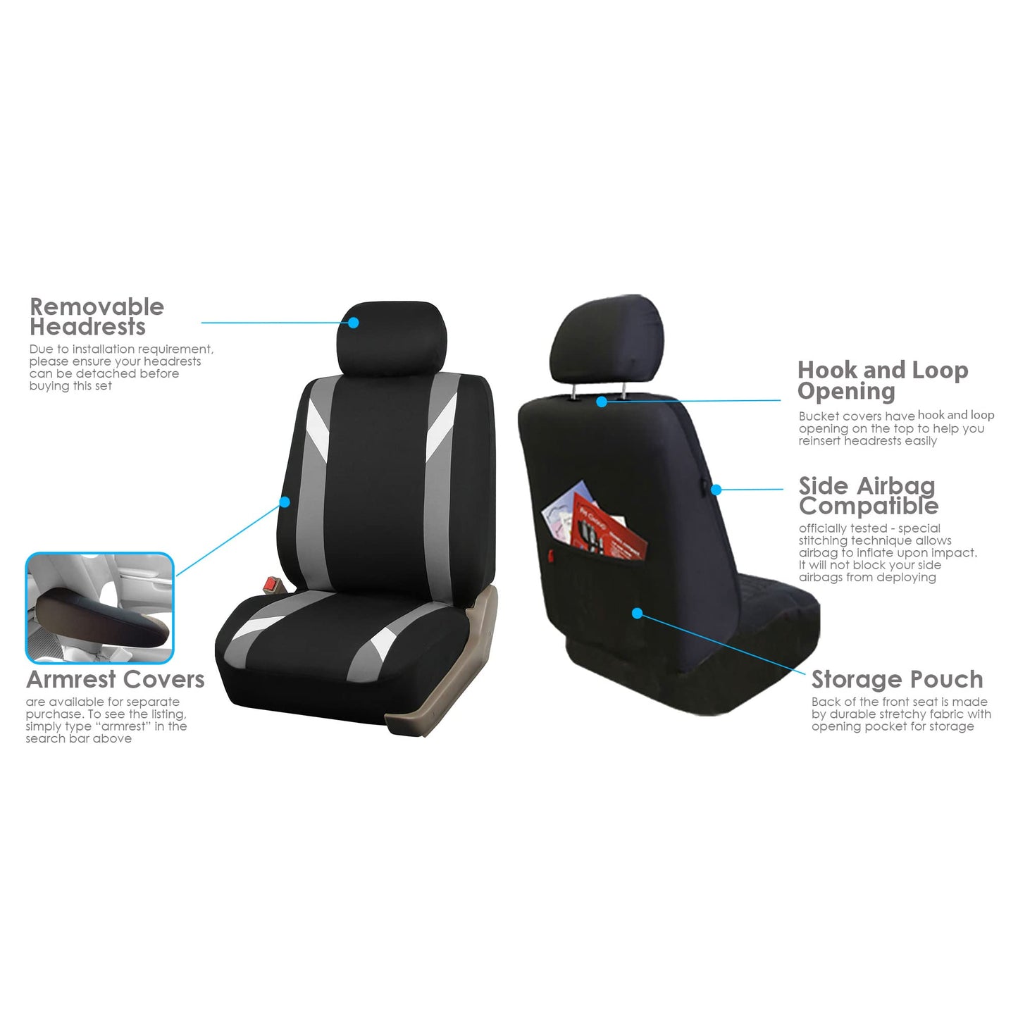 FH Group Front Set Cloth Car Seat Covers for Low Back Seats with Removable Headrest, Universal Fit, Airbag Compatible Seat Cover for SUV, Sedan, Van, Gray