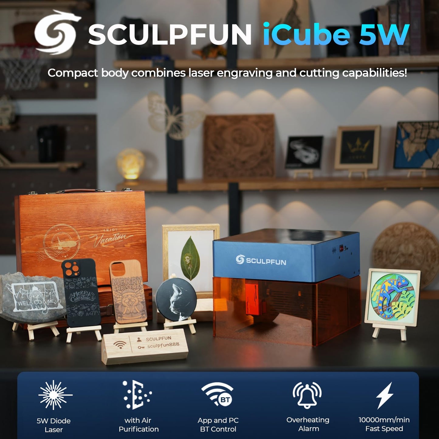 SCULPFUN iCube Pro Laser Engraver, 5000mW Desktop Laser Cutter with Smoke Filtration System, Laser Class 4, 125×125mm Engraving Area, No Assembly Required, 0.01mm Carving Precision
