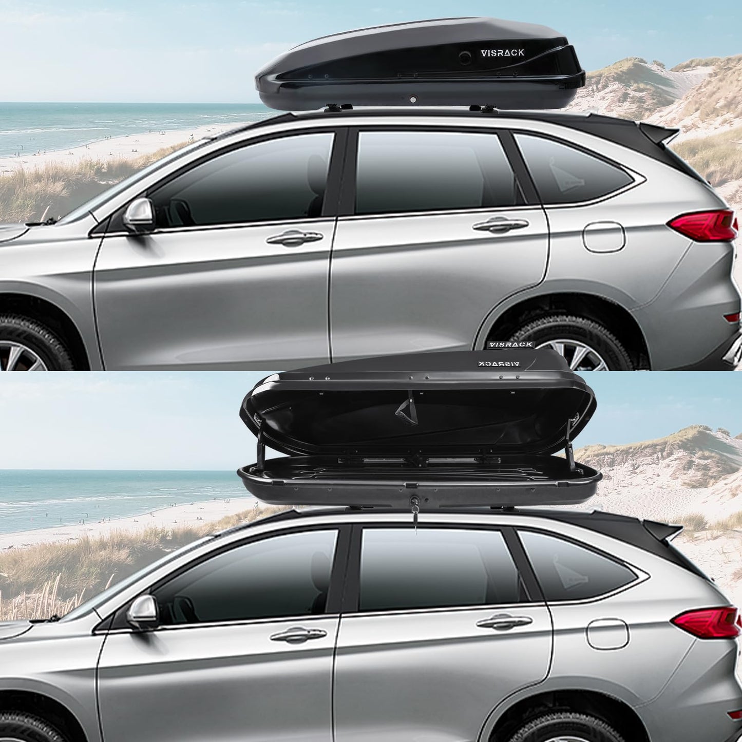 Hard Shell Roof Cargo Carrier, 13 Cubic Feet Black Roof Box with Security Keys, Durable ABS and PMMA Material, Tool-Free Installation, Double-Sided Opening, 56" L x 30" W x 13.7" H