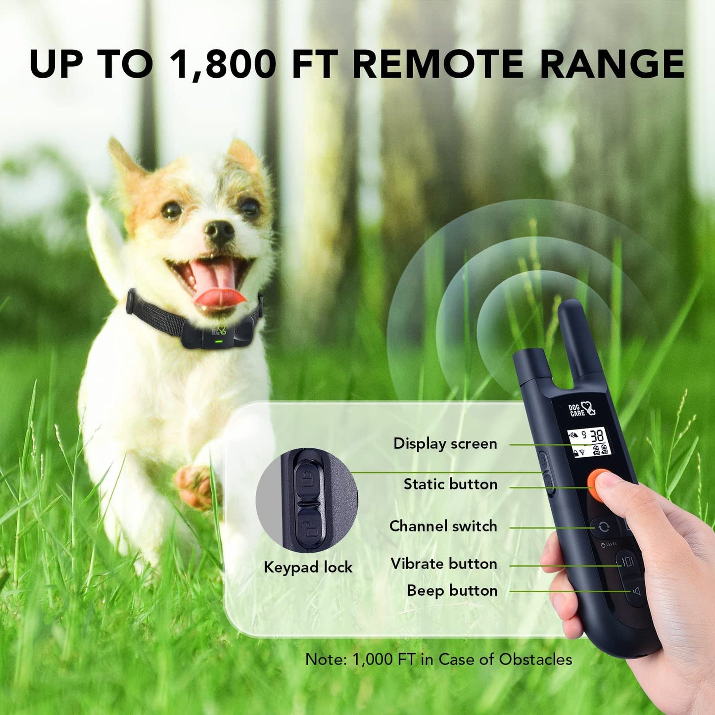 DOG CARE Dog Training Collar with Remote - Dog Shock Collar for All Dogs with 1800FT Remote, Rechargeable Dog Bark Collar with Beep/Vibration/Shock Modes, Security Lock, Rainproof