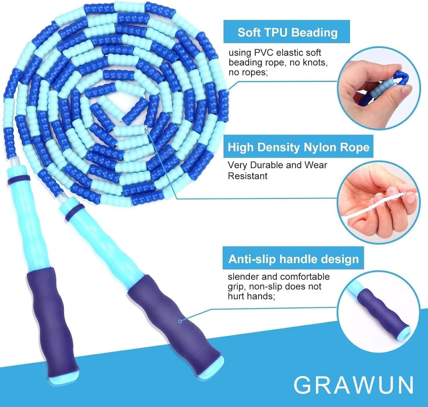 GRAWUN 6 Pack Jump Rope For Kids,Soft Beaded Jump Rope,Adjustable Length Tangle-Free Segmented Soft Beaded Skipping Rope,for Women, Men and Kids Keeping Fit,Workout and Weight Loss
