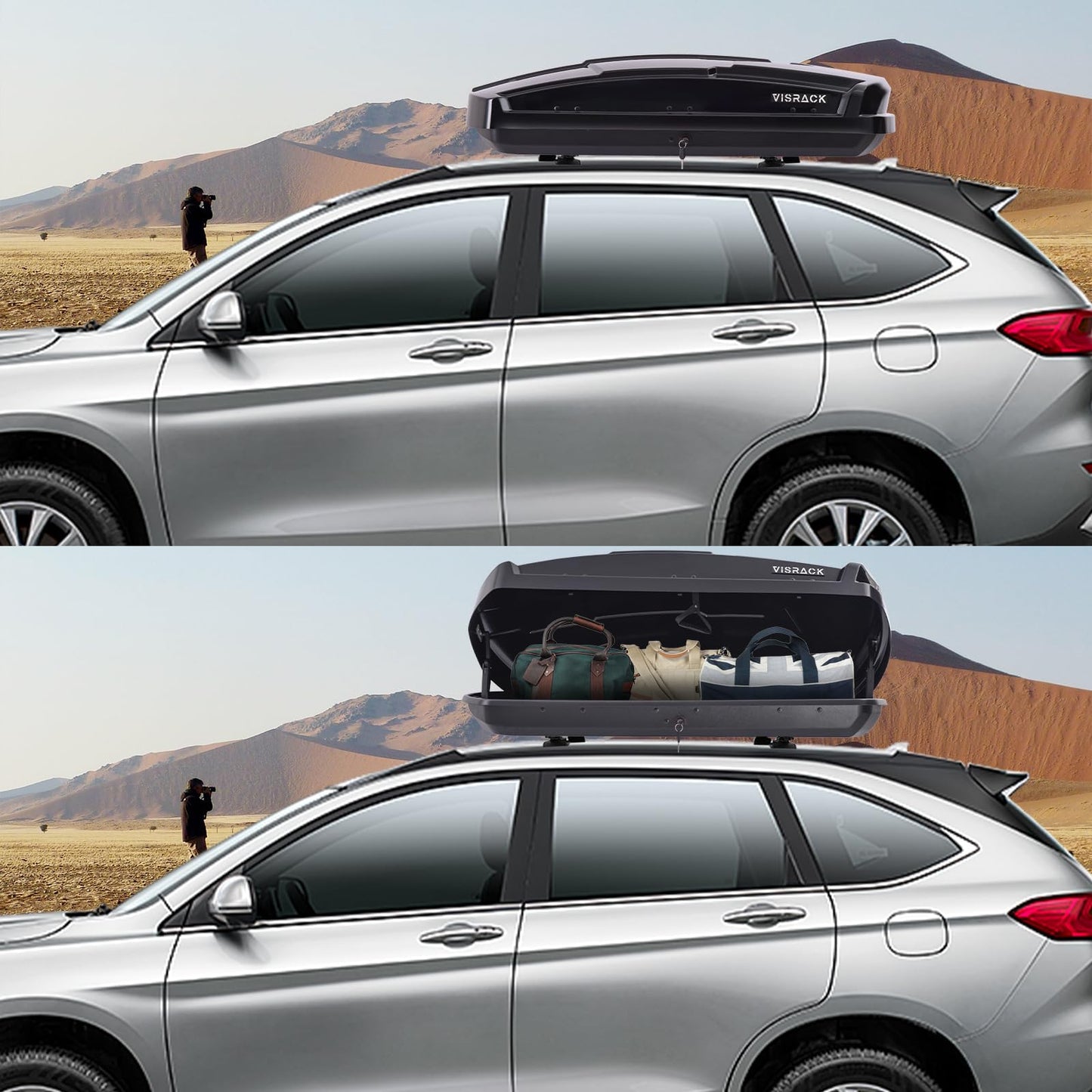 Hard Shell Roof Cargo Box, 16 Cu Ft Rooftop Cargo Carrier with Dual Side Opening, ABS PMMA Black Roof Box for Car SUV, 130 lbs Capacity, 58.3"x35.4"x13", Tool-Free Install