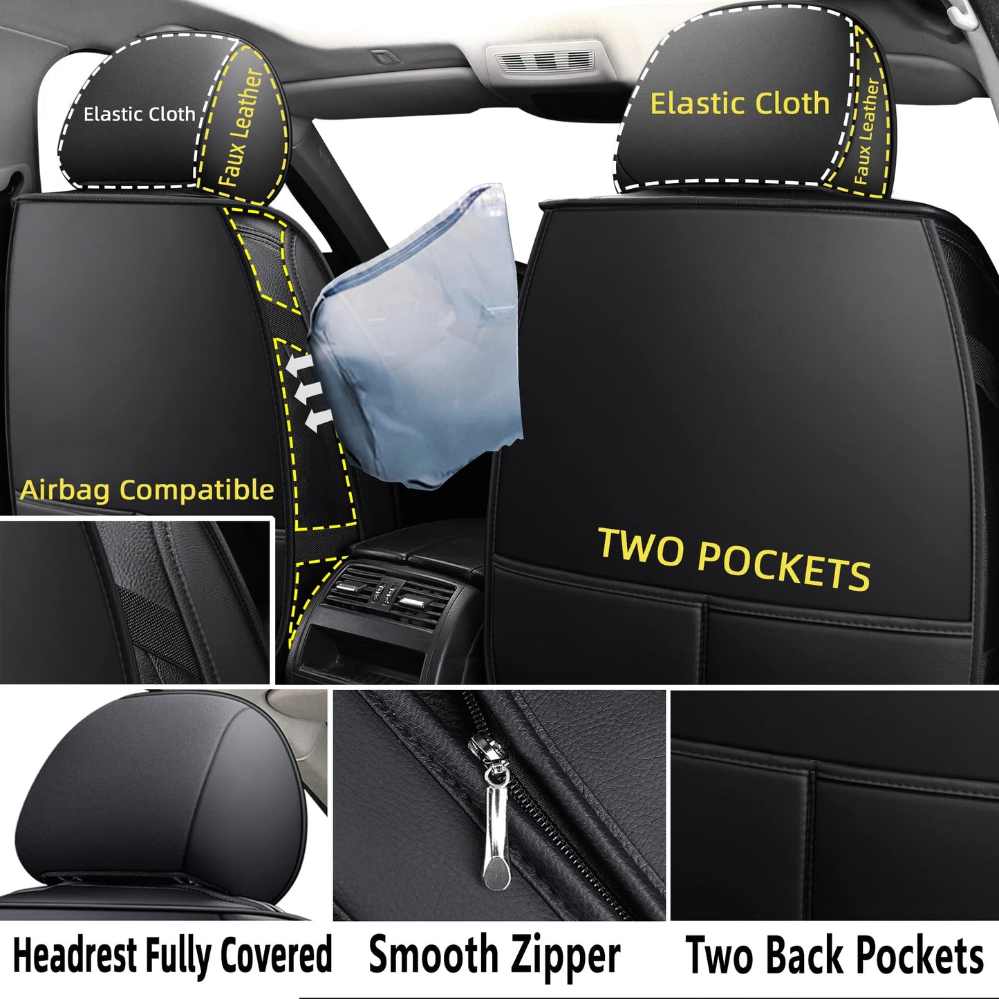 CAPITAUTO Universal Car Seat Covers Full Set - Waterproof Faux Leather, Airbag-Safe Design, Fit for Cars/SUVs/Trucks, 5-Seat Black Interior Accessories
