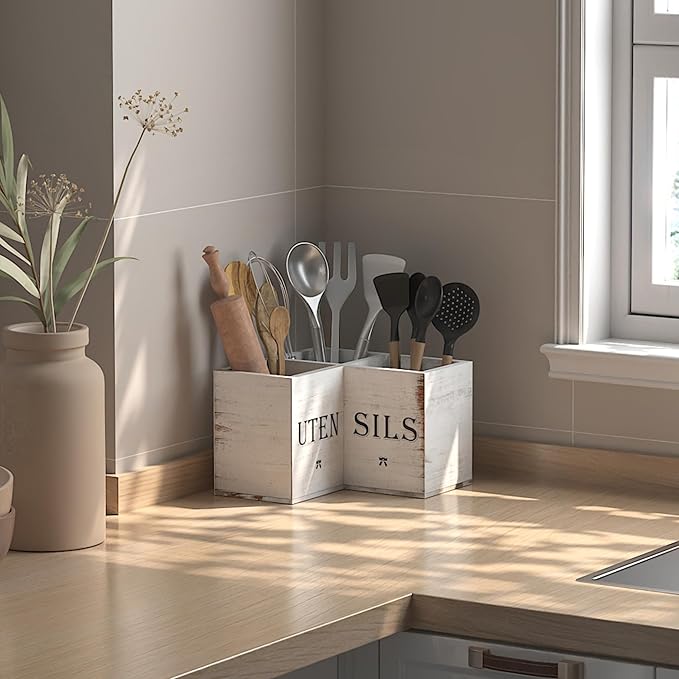 Suli Extra Large Kitchen Utensils Holder with 3 Compartments,Corner Shelf,Wooden Utensil Organizer for Kitchen Countertop, Farmhouse Decor, Rustic Cooking Utensil - White grain