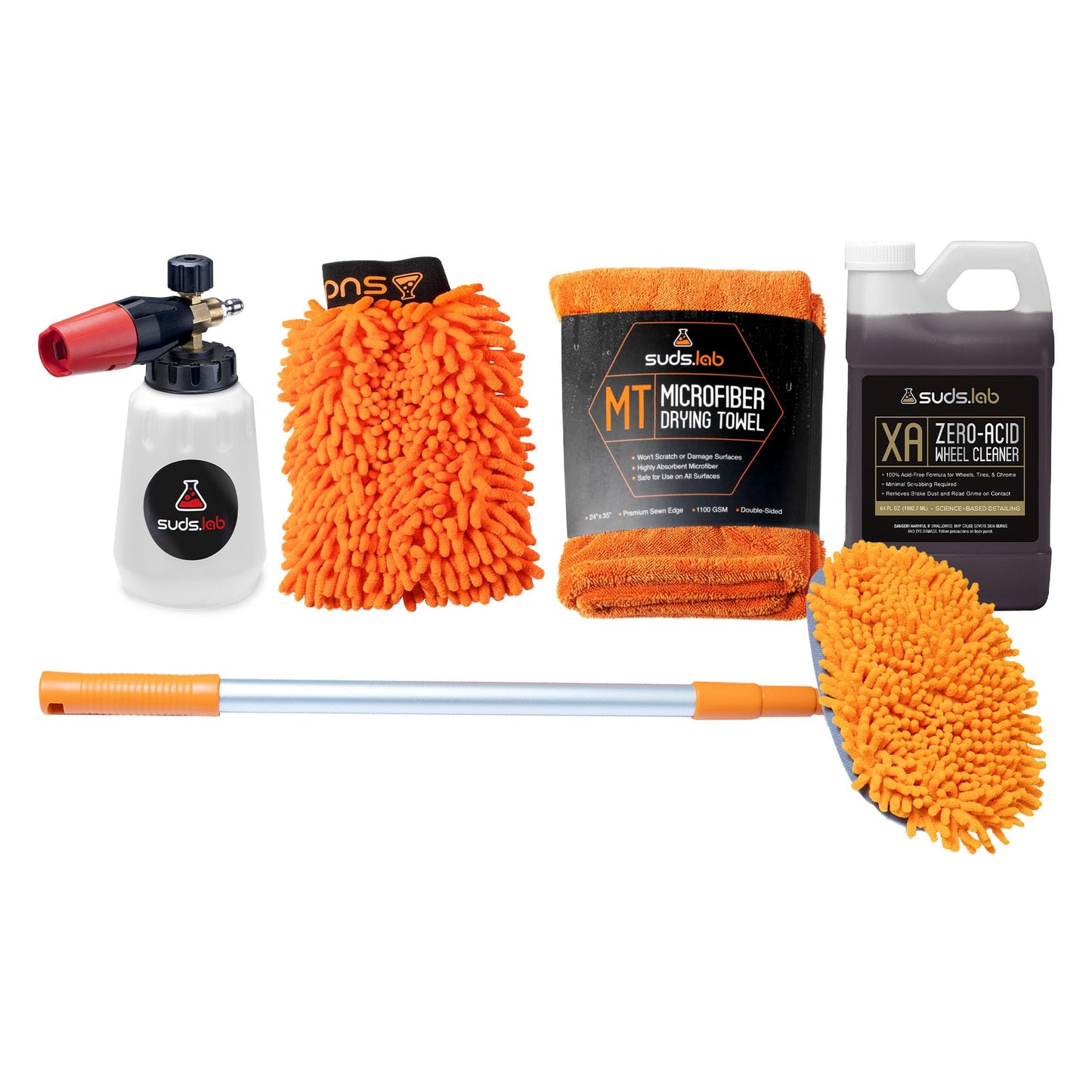 Suds Lab Car Wash Kit β Chenille Microfiber Wash Mitt, Large Drying Towel, Extendable Cleaning Brush, Zero-Acid Wheel Cleaner & Foam Cannon