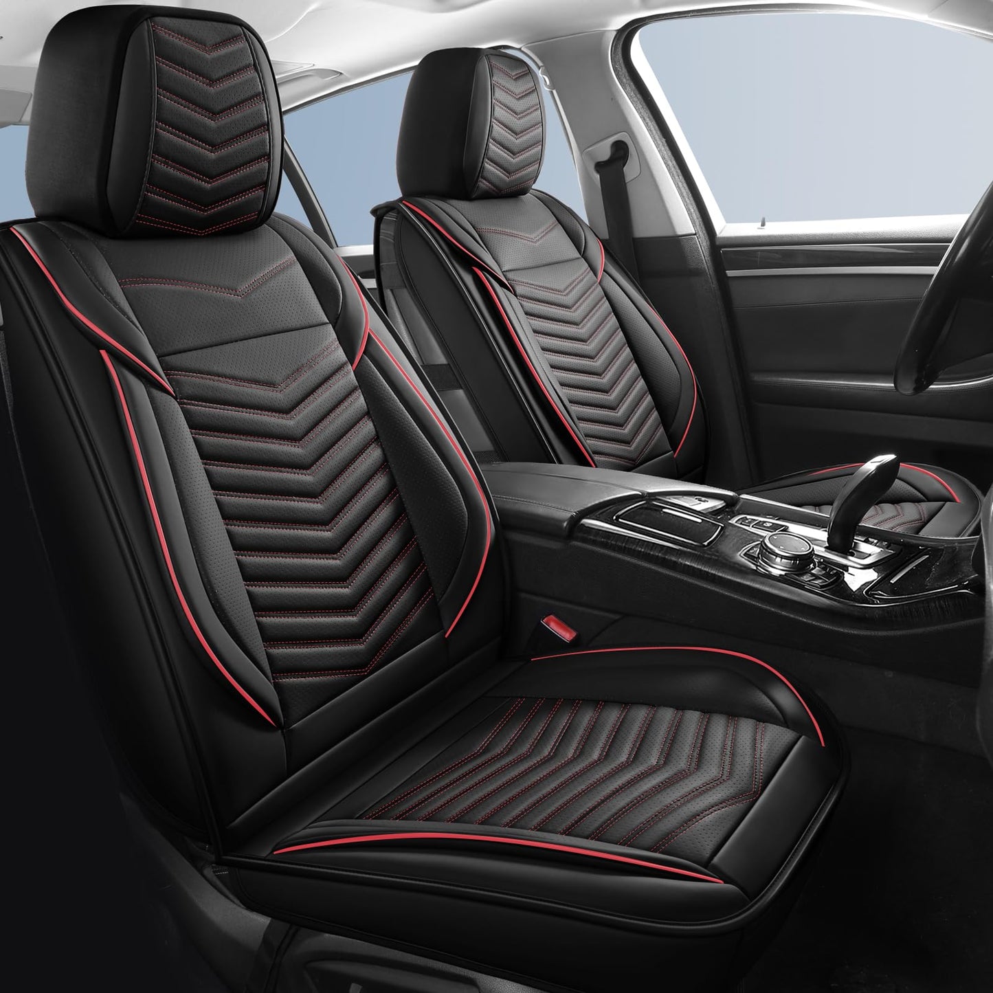 HChengkikz Car Seat Covers,Breathable and Waterproof Faux Leather Automotive Seat Covers,Universal Anti-Slip Driver Seat Cover for Cars SUV Pick-up Truck Sedan(Style1,5 PCS Full Set,Black+Red)
