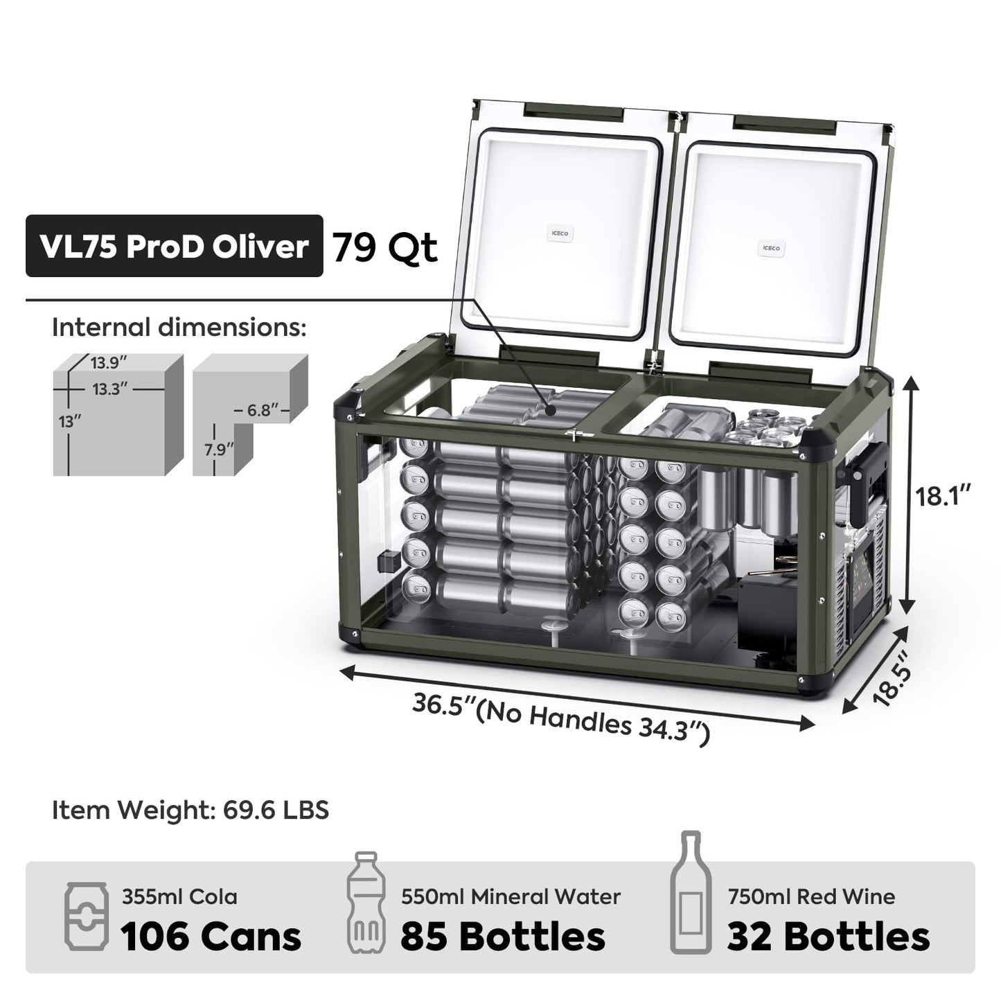 ICECO VL75ProD Dual Zone Fridge Freezer, 12 Volt Refrigerator, 79Qt Car Fridge Powered by SECOP, Portable Freezer with Reversible Lid, 0-50°F, AC/DC, For Car, Outdoor, Camping |+Battery+Solar Panel