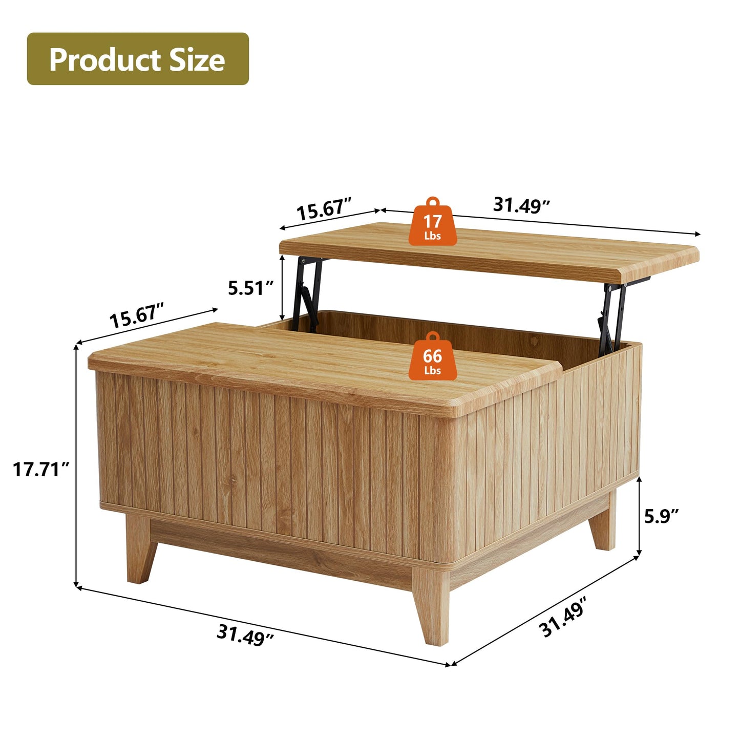 NVETHM Lift Top Coffee Table, Square Coffee Table with Hidden Storage Compartment, Farmhouse Wood Center Table Dining Table for Living Room, Bedroom, Home Office (Natural)