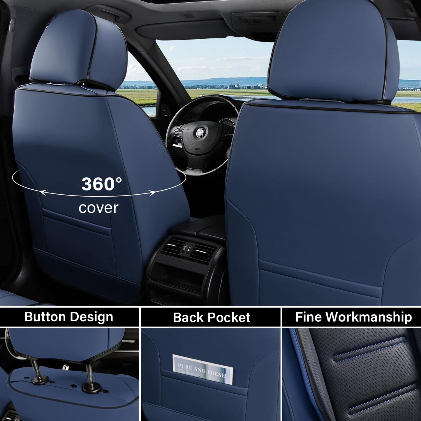 Coverado Car Seat Covers Full Set, Seat Covers for Cars, Waterproof, Leather Car Seat Cushion, Universal Car Interior Covers Seat Protectors for Most Cars Blue