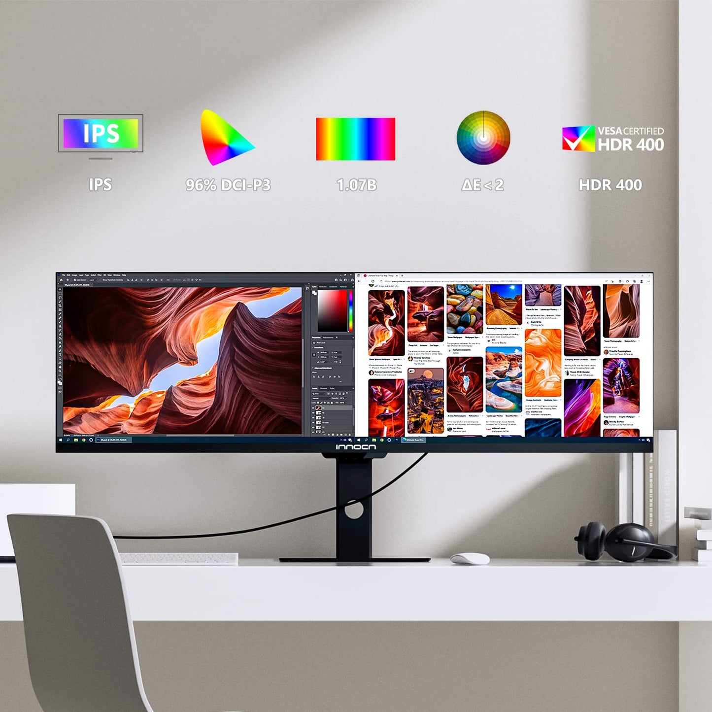 INNOCN Ultrawide Monitor 43.8" WFHD 3840 x 1080p 120Hz 32:9 IPS Computer Split Screen 96% DCI-P3 HDR400 FreeSync Premium USB Type-C HDMI Height Adjustable Mountable - 44C1G