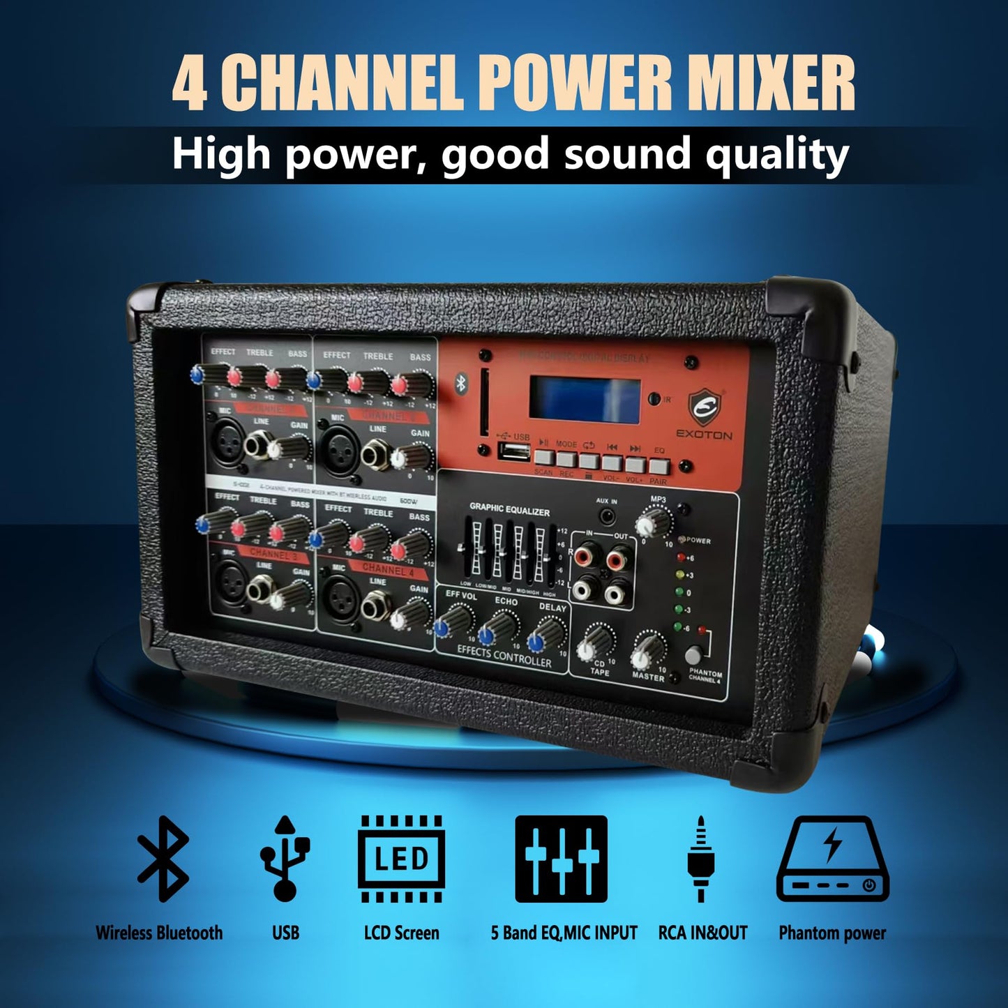 EXOTON EXOTON S-1002 10inch Bluetooth PA System with Powered Mixer Set, Passive Speakers with 4 Channel Mixer/Stands/Mic/Effect Controller/ 48V Phantom Power,for Indoor&Outdoor