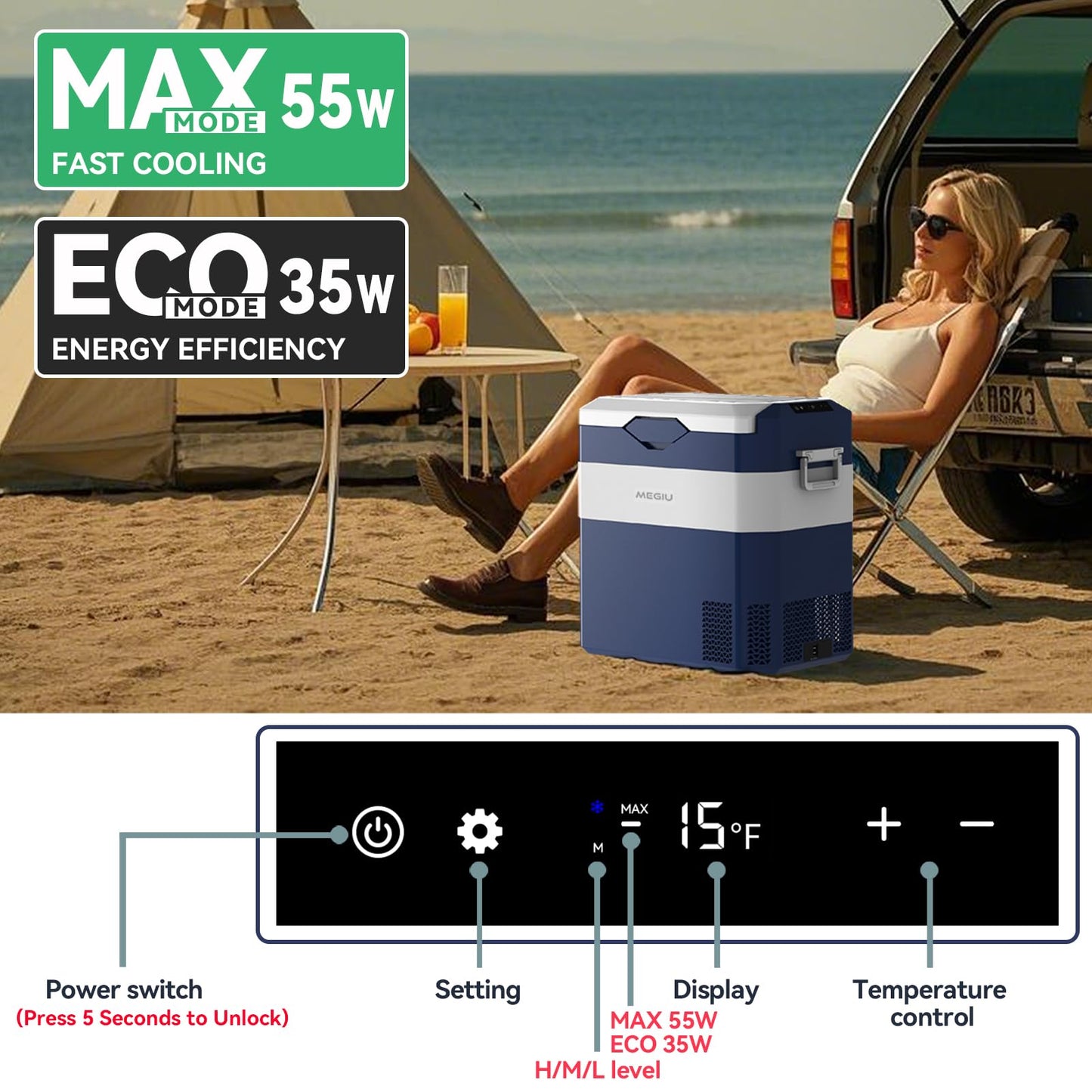 Megiu 12 Volt Refrigerator Car Fridge Portable 12V 45 Quart Freezer Compressor Cooler 12V/24V DC 110~240 V AC for Truck Van RV Camper SUV and Home Use