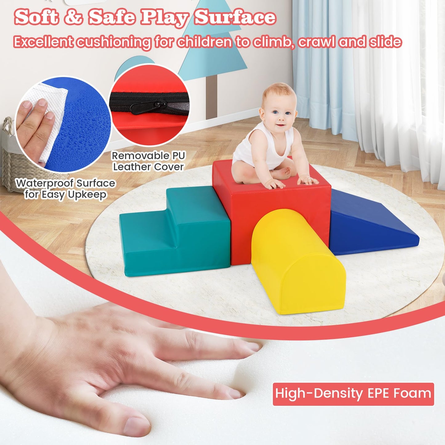 Costzon Climbing Toys for Toddlers, 4 PCS Single-Tunnel Foam Climber for Climbing, Crawling and Sliding, Lightweight Soft Play Blocks for Preschool Baby Boys Girls (Blue&Yellow&Red&Green)
