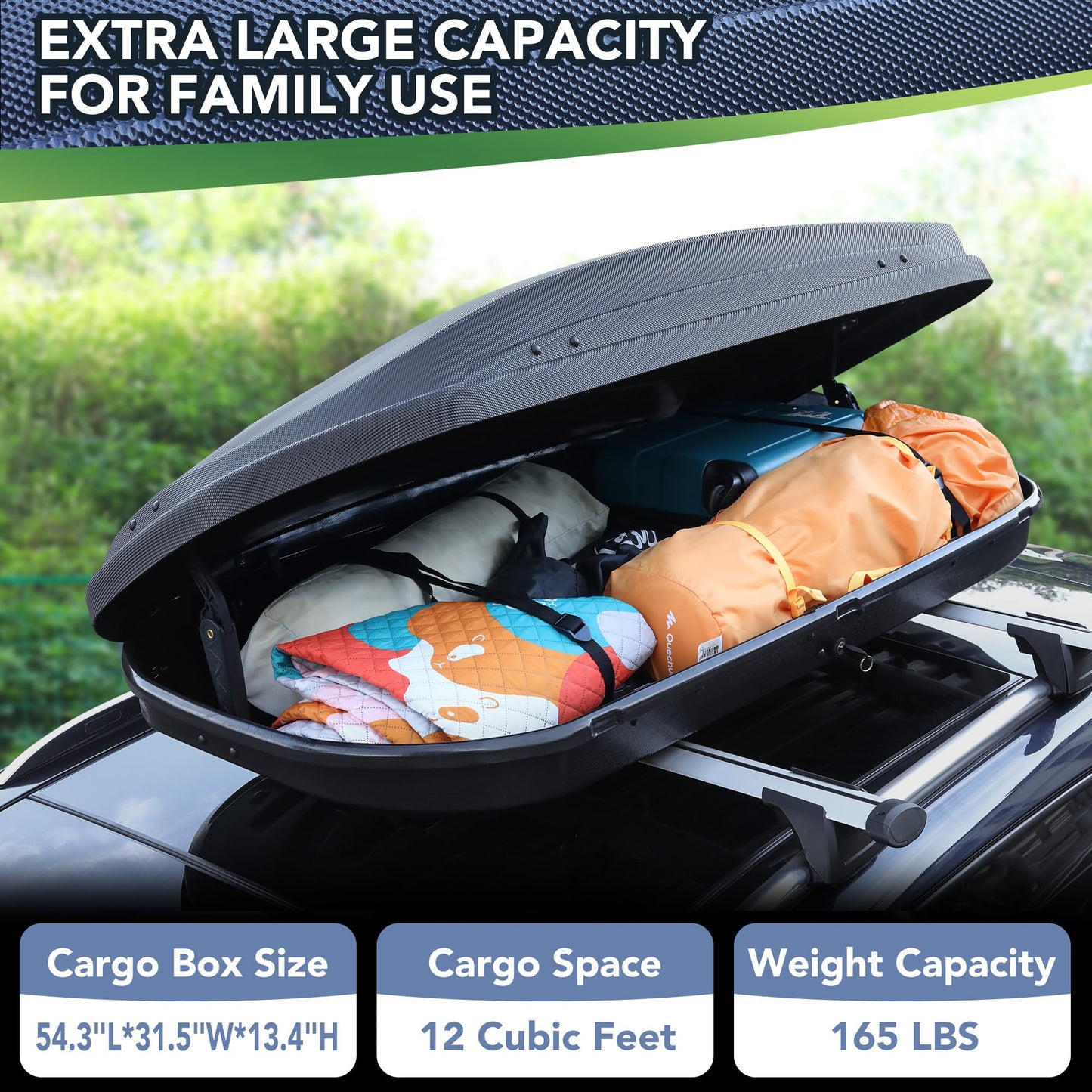 12 Cu Ft Hardshell Roof Cargo Box - 165Lb Capacity Lockable Carrier, Rooftop Cargo Carrier for SUV/Car Travel, Waterproof Storage