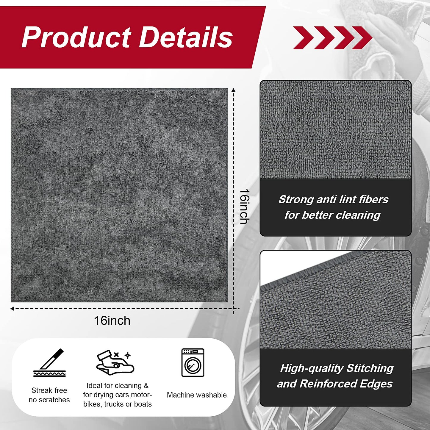 200 Pcs Microfiber Cleaning Cloth 16x16 Inch Microfiber Towels for Car Ultra Absorbent Cleaning Rags Reusable Lint Free Streak Free Detailing Towel for Car Washing Drying Dusting (Gray)