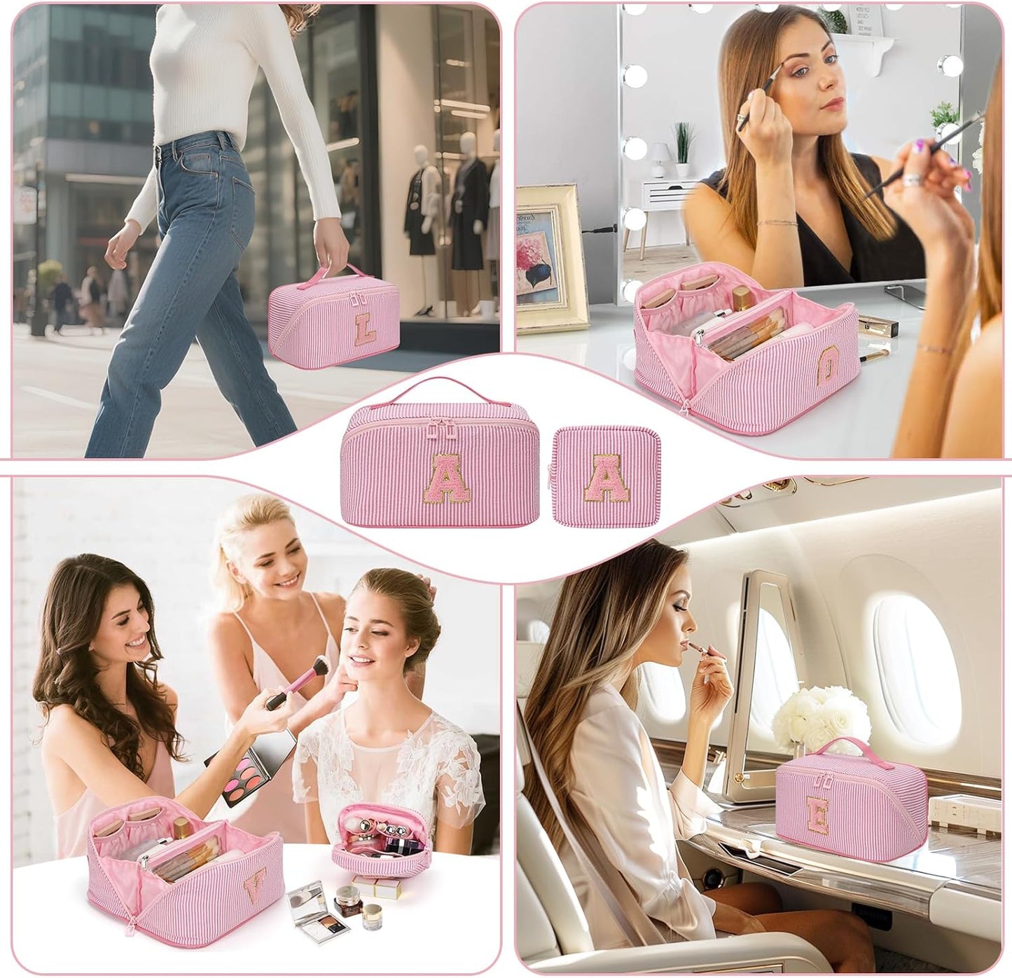 Travel Makeup Bag for Women, 2Pcs Portable Personalized Initial Makeup Organizer Bag, Open Flat Large Cosmetic Bag With Travel Essential Pouch (Pink Letter O)