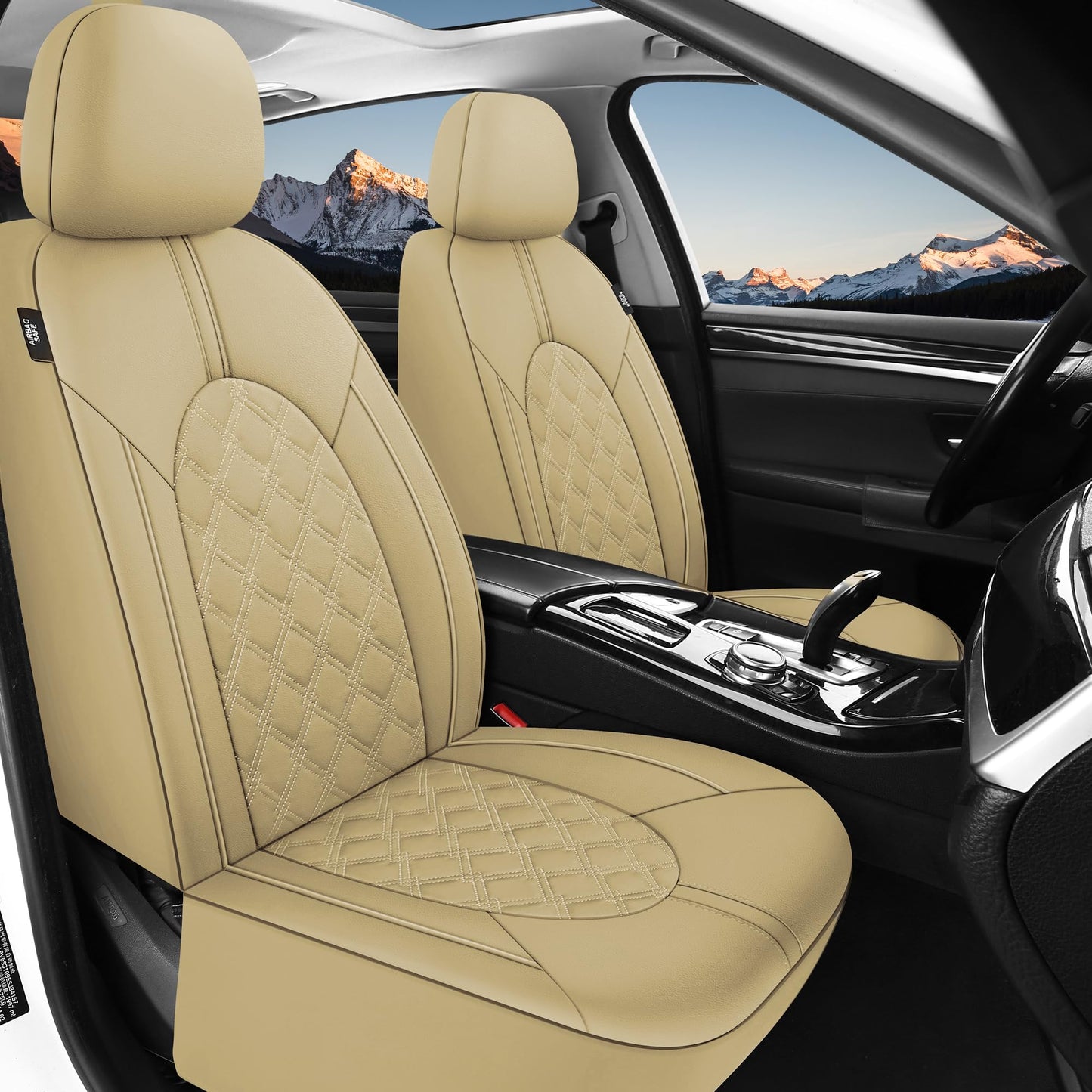 CAROMOP Luxury PU Leather Car Seat Covers Full Set-Waterproof Seat Protectors with Split Bench Seat Covers for Cars-Universal Cars Interior Covers for Sedans, SUVs, Pick-up Trucks(Beige/Beige Line)