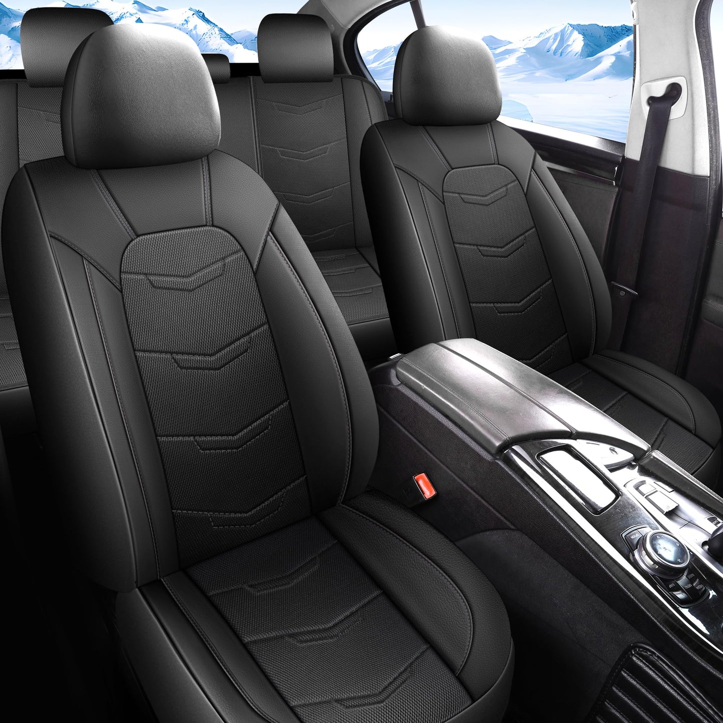 HChengkikz Car Seat Covers Full Set,Leather Car Seat Covers,Breathable and Sporty Car Seat Cover,Universal Fit Anti-Slip Seat Covers for SUV Cars Sedan and Truck(Full Seat,Black,N2)