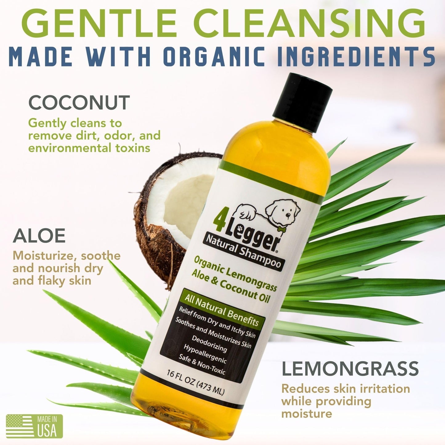 4-Legger Certified Organic Dog Shampoo - All Natural and Hypoallergenic with Aloe and Lemongrass, Soothing for Normal, Dry, Itchy or Allergy Sensitive Skin - Biodegradable - Made in USA - 16 oz