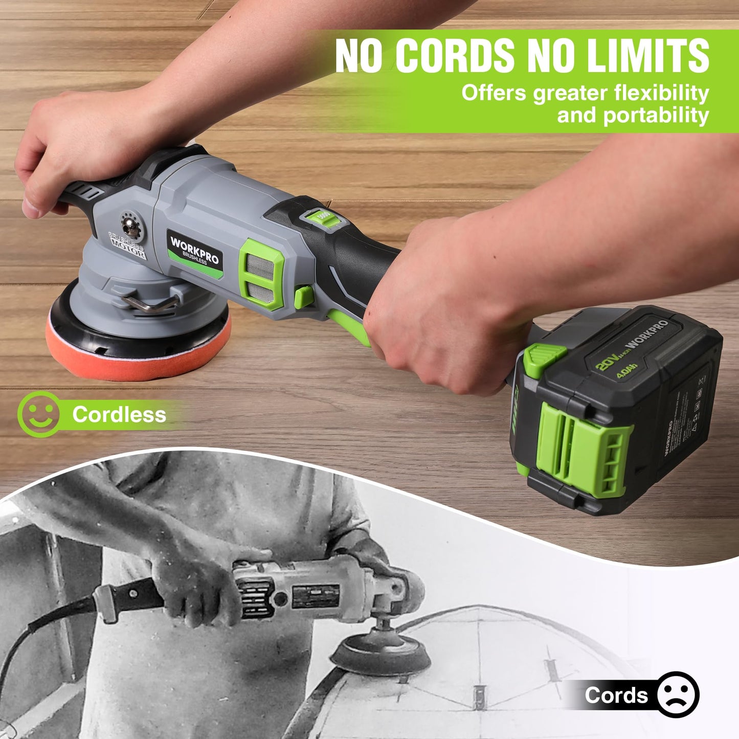 WORKPRO 5" Cordless Car Buffer Polisher, 20V Professional Brushless Polisher with 4.0Ah Battery, Orbital Pulidora De Autos Inalambrica with 7 Speed, Random Polisher Kit for Car Detailing, Waxing