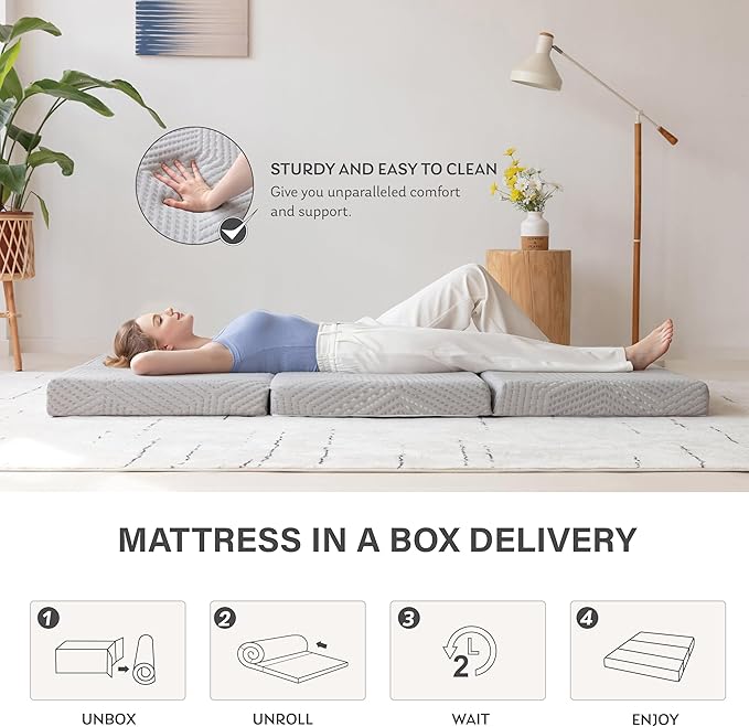 MLILY Tri-Fold Memory Foam Mattress, 4 inch King Folding Mattress with Collapsible and Washable Cover, Travel and Guest Mat, 80"×76"×4", Grey