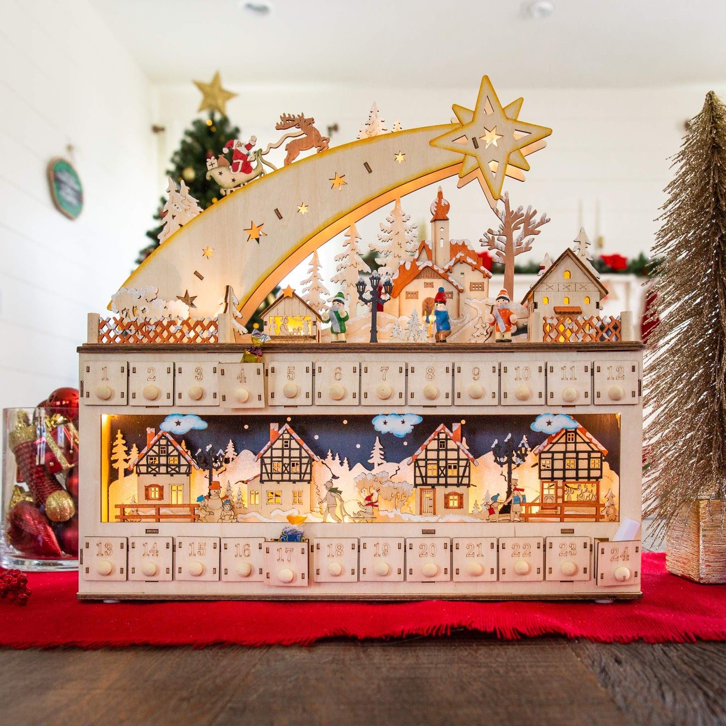 Best Choice Products Wooden Christmas Advent Calendar, Shooting Star Holiday Decoration w/Battery-Operated LED Light Background
