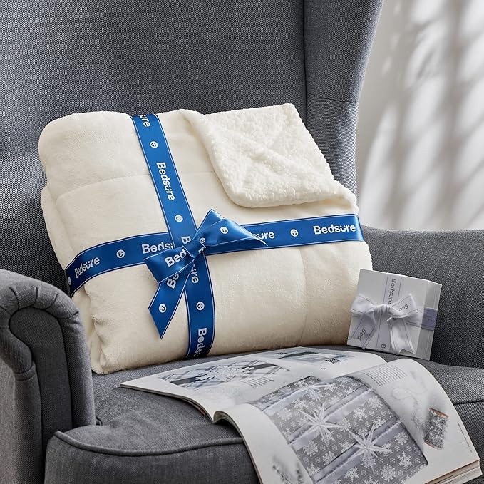 Bedsure Sherpa Fleece Blankets Queen Size for Bed - Thick and Warm, Soft Fuzzy Plush Queen Blanket for Winter, Cream, 90x90 Inches