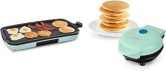 DASH Deluxe Everyday Electric Griddle (20" x 10.5", 1500 Watts) + DASH Mini Griddle Maker (4 Inch, 350 Watts) - Aqua