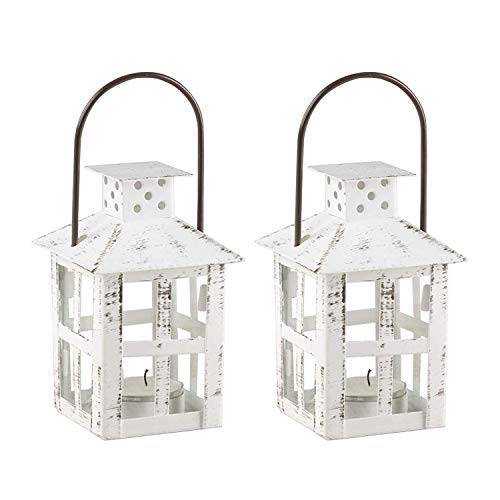 Kate Aspen Mini Decorative Lanterns - Set of 2 - Vintage Metal Lantern Candle Holders for Wedding Centerpiece, Home Decor and Party Favor (White)