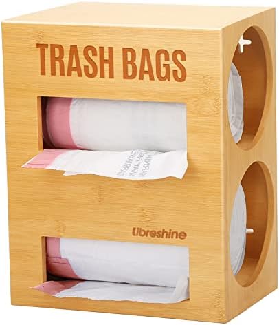 Dual Roll Bamboo Trash Bag Dispenser & Grocery Bag Holder, 2-Compartment Organizer for 13–33 Gallon Rolls (Fits Up to 5.2”Dia), Wall Mount or Under Sink, Stackable Storage