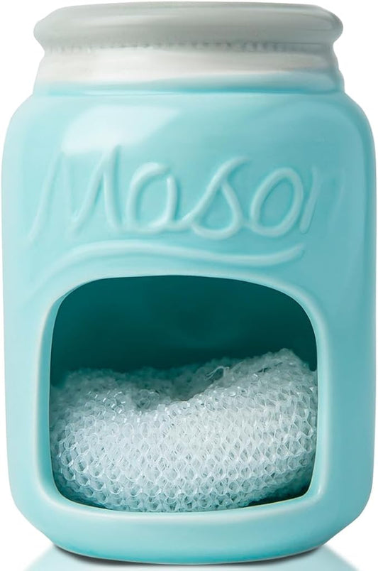 Comfify Ceramic Sponge Holder – Aqua Blue Farmhouse Sink Caddy – Mason Jar Kitchen Accessory – Includes Free Sponge