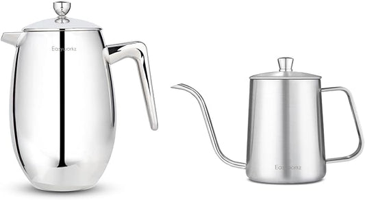 Easyworkz Nando French Press 34 oz, Bundled Gage Gooseneck Pour Over Coffee Kettle 12 oz Stainless Steel Hand Drip Long Narrow Spout, Silver