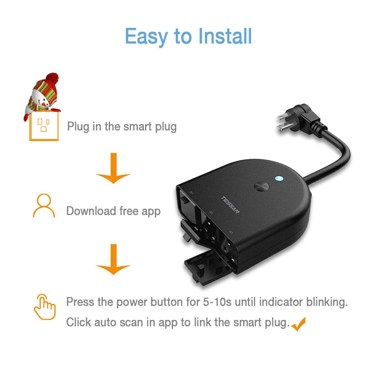Outdoor Smart Plug Waterproof, TESSAN WiFi Smart Outlet Switch with 3 Individual Sockets Work with Alexa Echo Google Home, Remote Control Timer by Smartphone