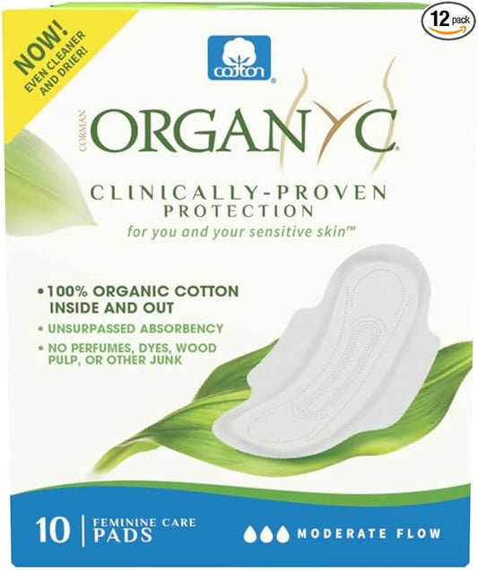 Organyc - 100% Certified Organic Cotton Inside and Out Feminine Pads with Wings, Sanitary Napkin for Women, 120 Count, Moderate Flow, Regular Absorbency, 12 Pack(Case Pack)