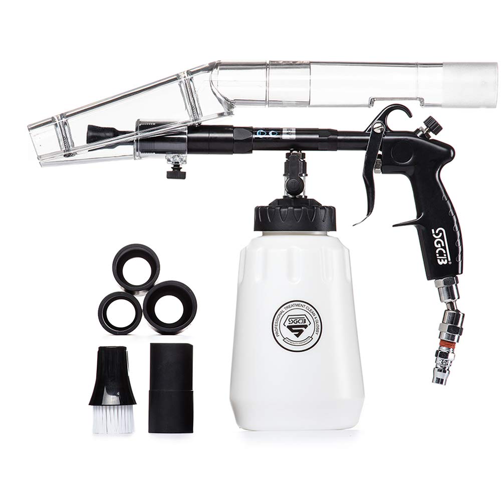 SGCB Pro High Velocity Vac Auto Interior Cleaning Brush Gun with Suction Hood, Adjustable Car Cleaning Air Duster Gun Water Spray Air Wash Cleaning Gun Tool w/Brush Nozzle & 4 Rubber Hose Connector
