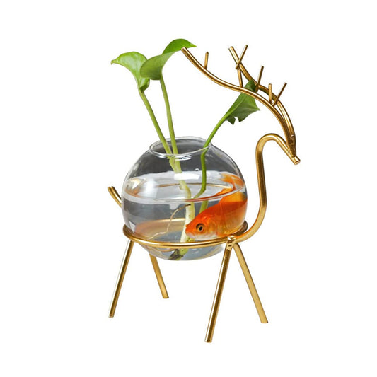 Radefasun Desktop Deer Plant Vases Small Glass Flower Vase with Gold Metal Stand Propagation Station Plant Holder for Home Wedding Decor