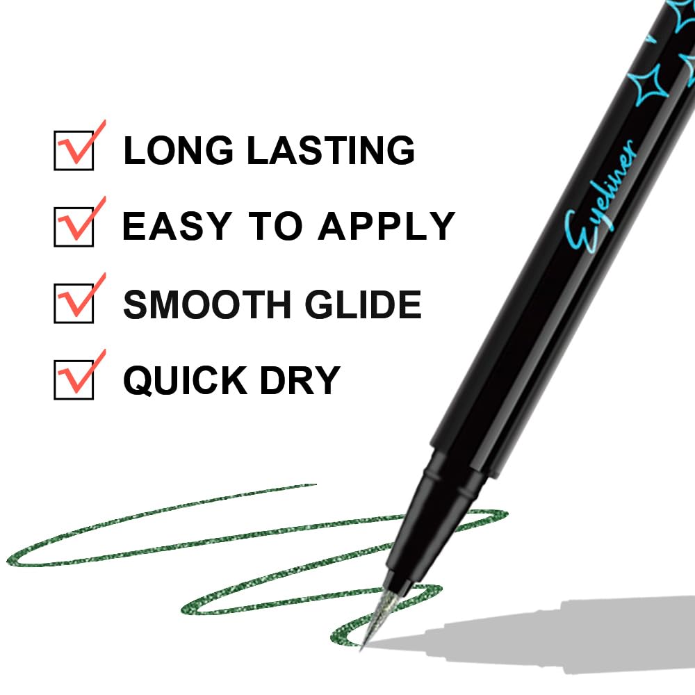 2PCS Metallic Glitter Coloured Liquid Eyeliner Pens Set03 – Waterproof Mark Emerald or Blue Long-Lasting Sparkly Eye Lin Makeup – Tattoo-Effect Ink Liners for Women & Men,Delineador Líquido con Brillo