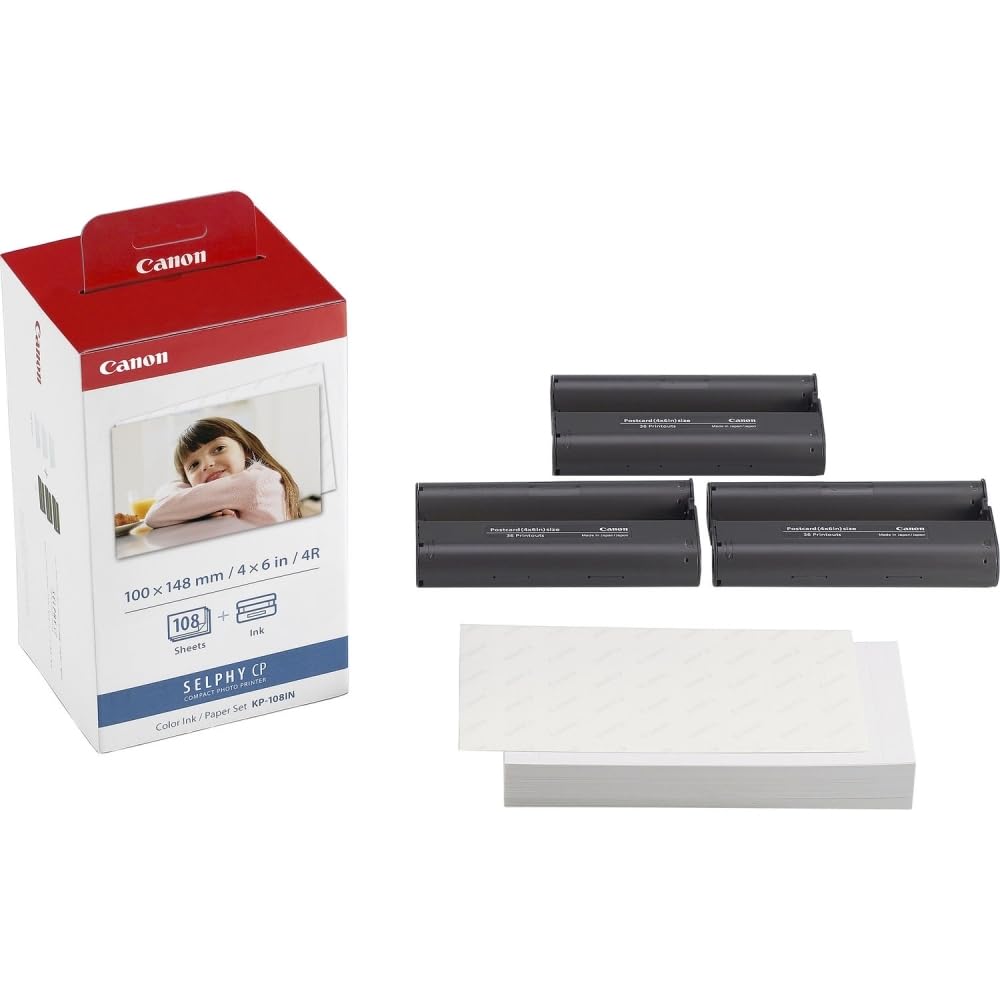 Canon SELPHY CP1500 Compact Photo Printer | Black with 2 x KP-108IN Color Ink and Paper Set (3 Items)