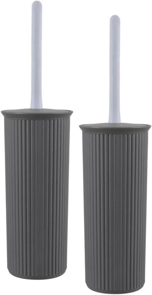Decorative Plastic Toilet Bowl Brush and Holder Set, Grey (2 Pack) Cleaner Scrubber for Bathroom - Ribbed Design