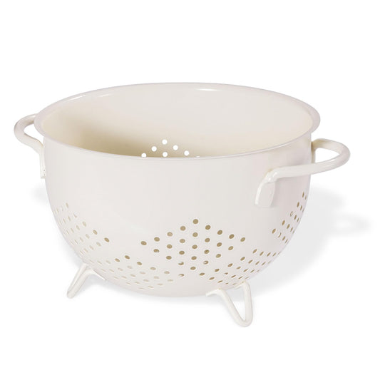 Metal Colander 5 Quart Powder Coated Self-draining Metal Strainer with Base,Kitchen Pasta Fruit Vegetable Basket with Double Handles (Cream)