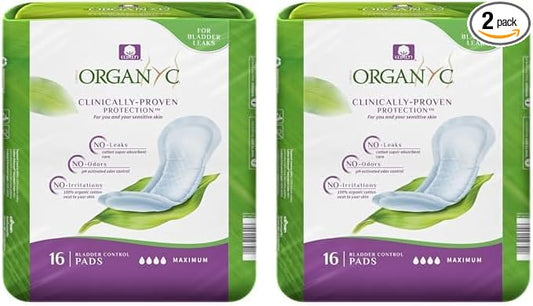 Organyc 100% Organic Cotton Incontinence Pads for Bladder Leaks, FSA/HSA Eligible, Maximum Flow, 16 Count (Pack of 2)
