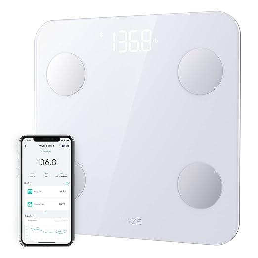 Wyze Scale S, Scale for Body Weight, FSA HSA Eligible, Digital Bathroom Scale for Body Fat, BMI, Muscle, Heart Rate, Body Composition Analyzer with App, Batteries Included, Bluetooth, 400 lb, White