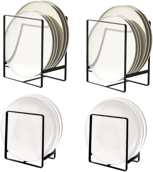 4 Pack Kitchen Plate Holder Organizer for Cabinet Space Saver, Kitchen Dish Storage Drying Racks, Metal Upright Dish Stand for Counter Cupboard (Black)