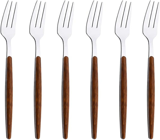 6-Piece Dessert Forks Set, Stainless Steel Mini Fruit Forks Set, Silver Mirror Polished Cake Forks for Wedding Home Party Restaurant, Round Wooden Effect Handle, 6.18inch, Dishwasher Safe